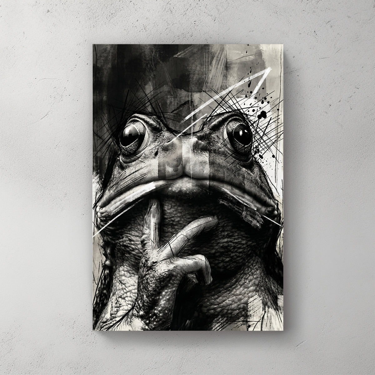 Black & white frog portrait; sketchy ink lines; hand on chin pose; moody charcoal vibe — canvas wall art print