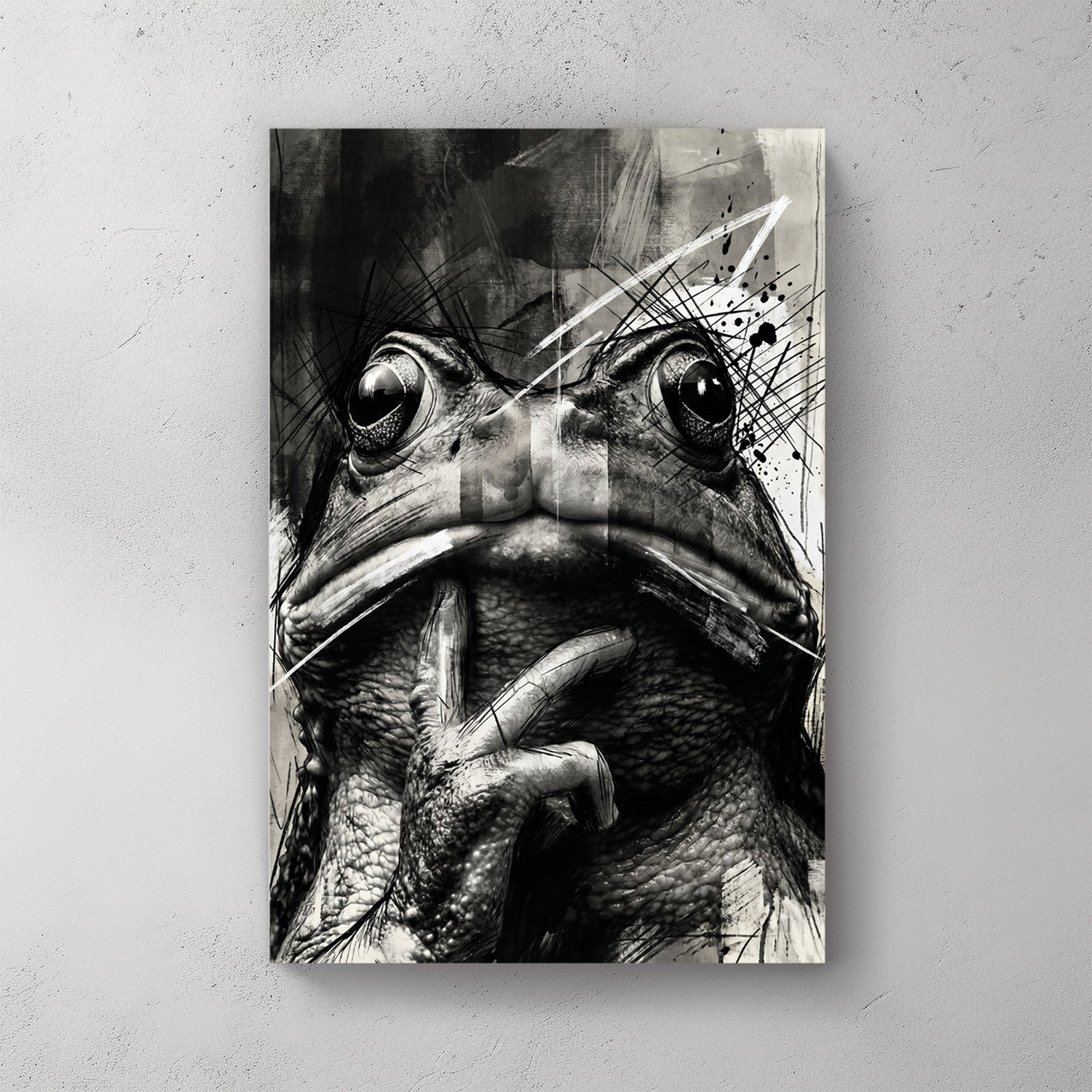 Black & white frog portrait; sketchy ink lines; hand on chin pose; moody charcoal vibe — canvas wall art print