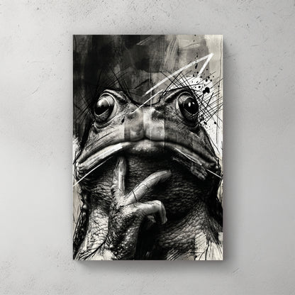 Black & white frog portrait; sketchy ink lines; hand on chin pose; moody charcoal vibe — canvas wall art print