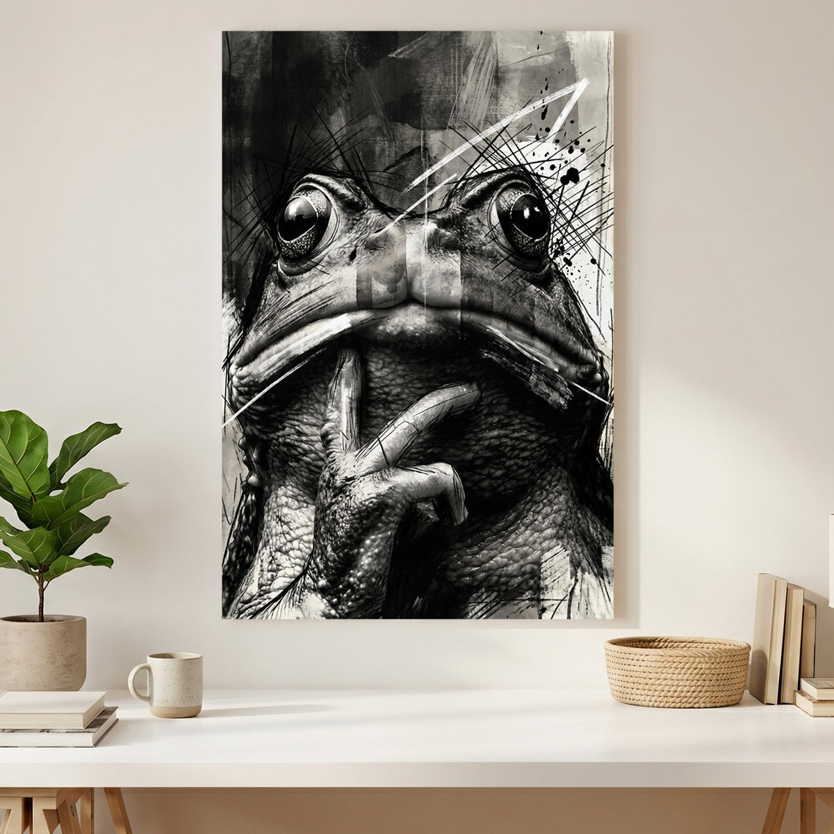 Black and White Frog Sketch canvas wall art print styled in a modern interior