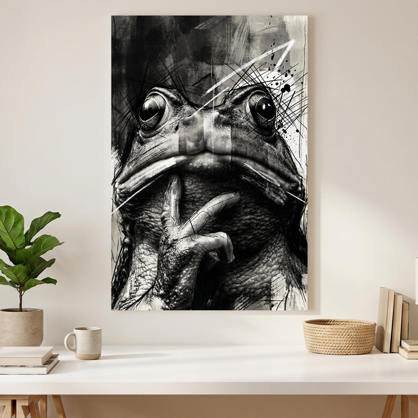 Black and White Frog Sketch canvas wall art print styled in a modern interior