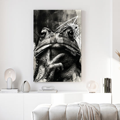 Black and White Frog Sketch canvas wall art print above a sofa in a contemporary living room