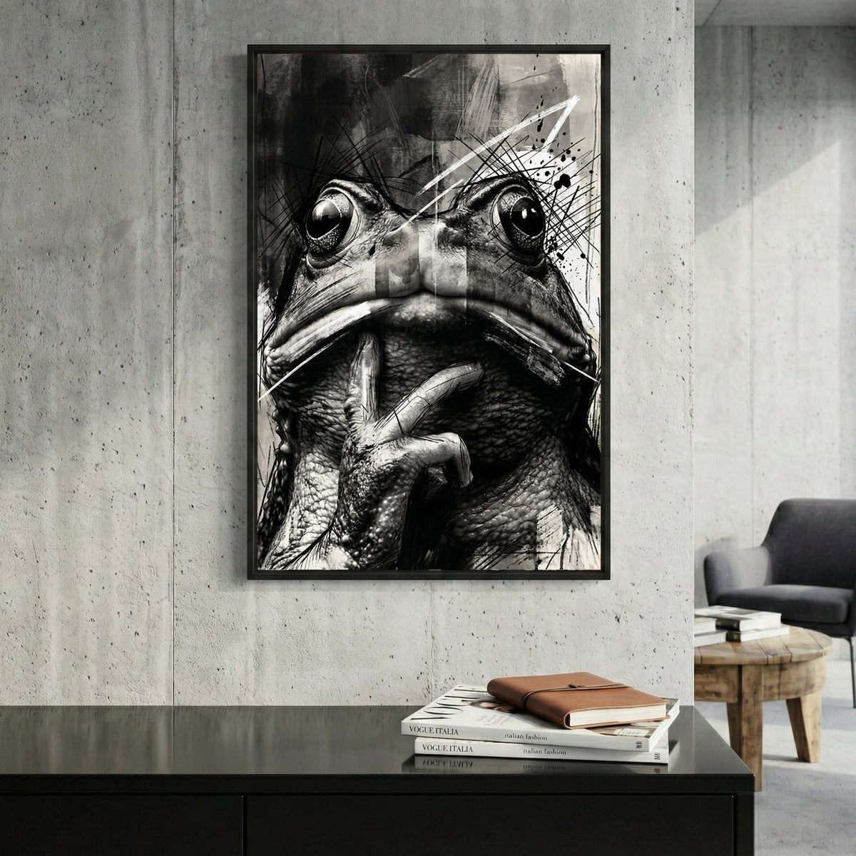 Black and White Frog Sketch framed canvas wall art print in a gallery-style display