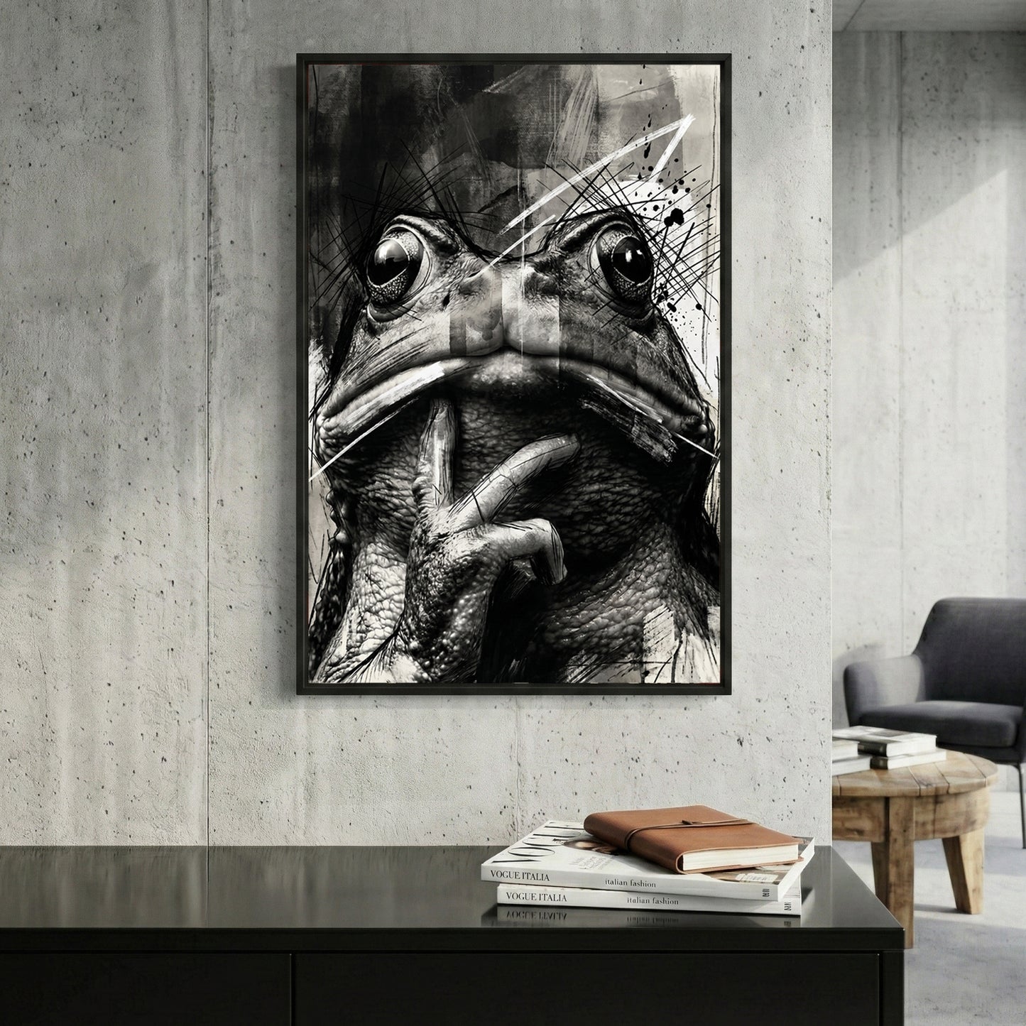 Black and White Frog Sketch framed canvas wall art print in a gallery-style display