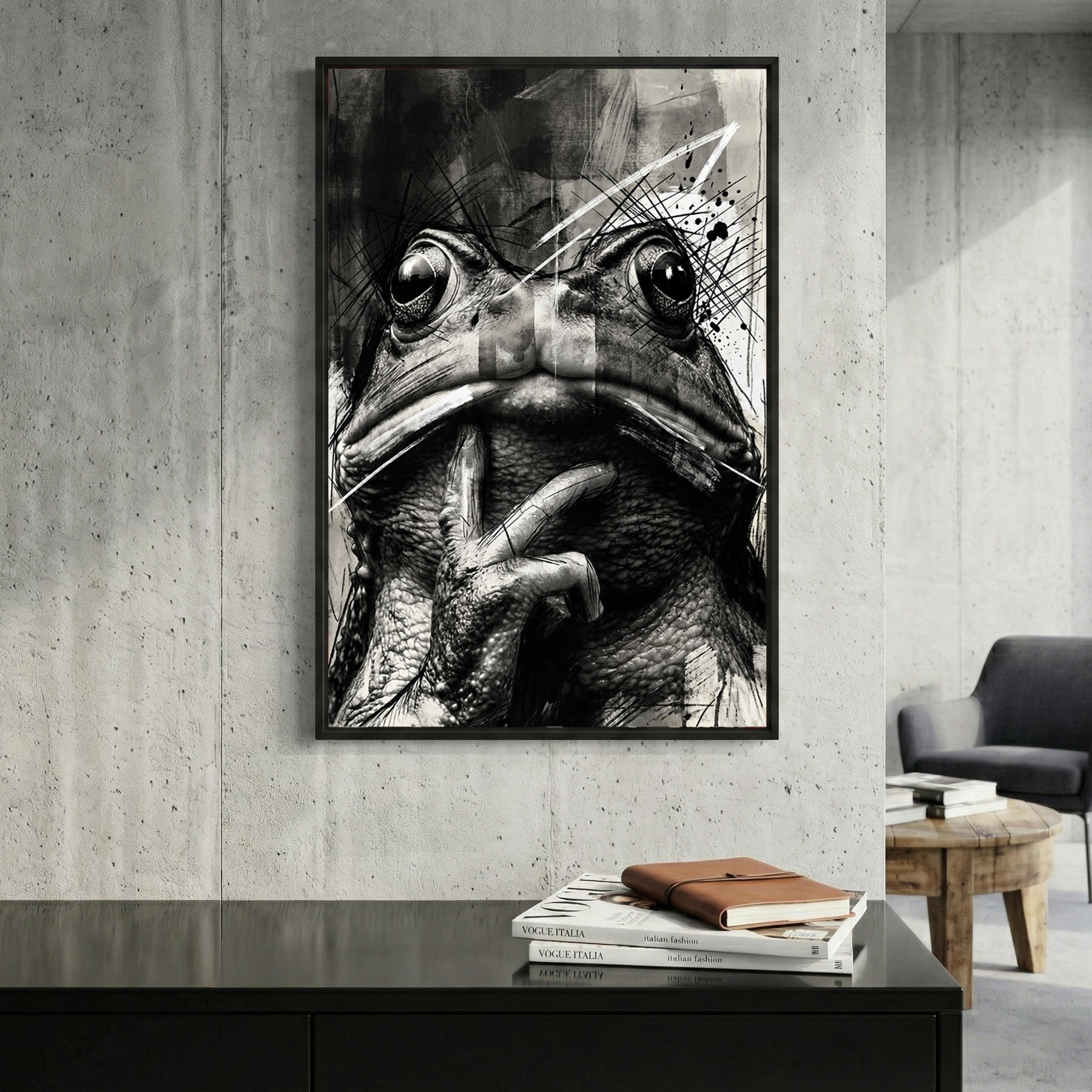 Black and White Frog Sketch framed canvas wall art print in a gallery-style display