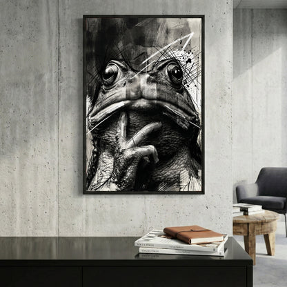 Black and White Frog Sketch framed canvas wall art print in a gallery-style display