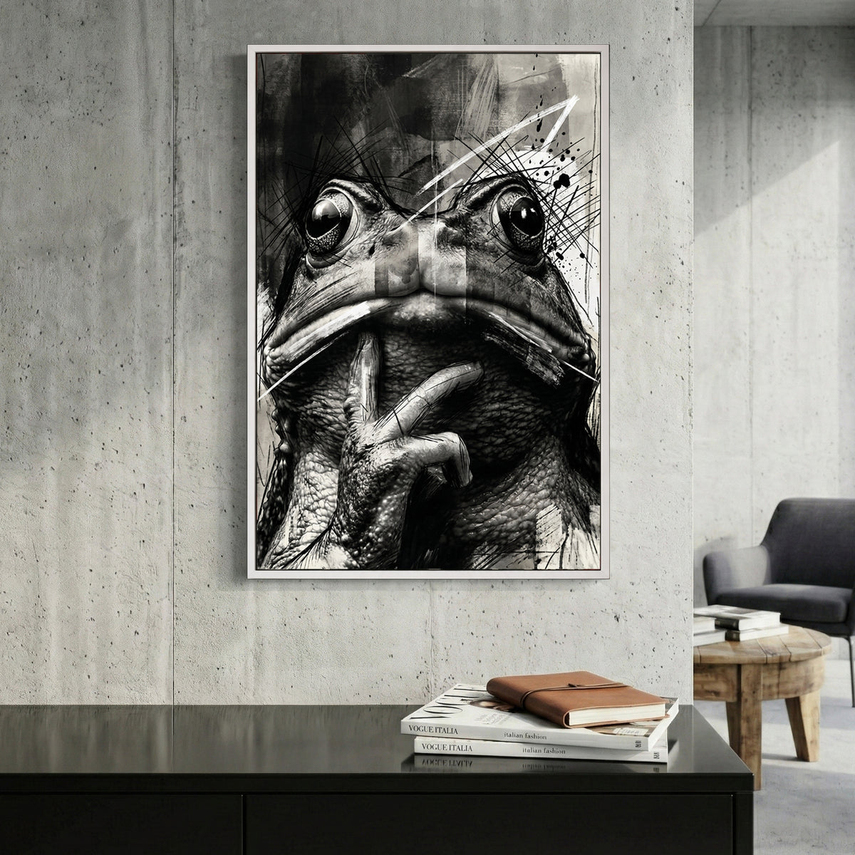 Black and White Frog Sketch canvas wall art print displayed in a styled living room