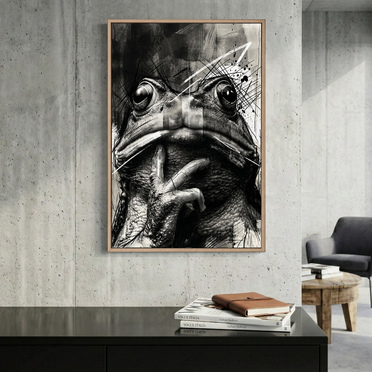Black and White Frog Sketch canvas wall art print displayed in a styled living room
