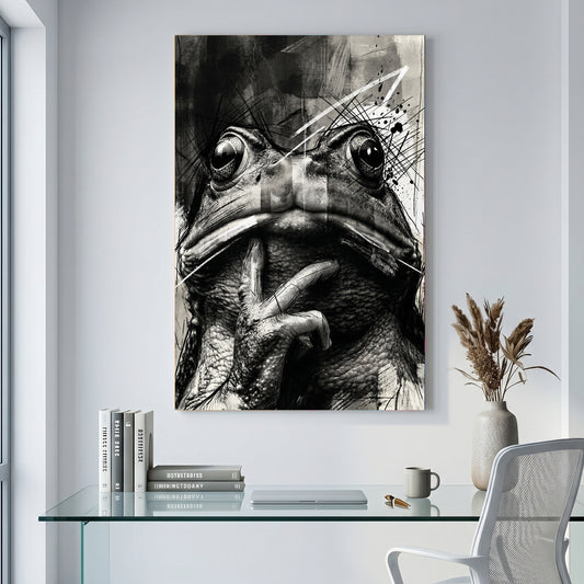 Black and White Frog Sketch canvas wall art print displayed in a styled living room