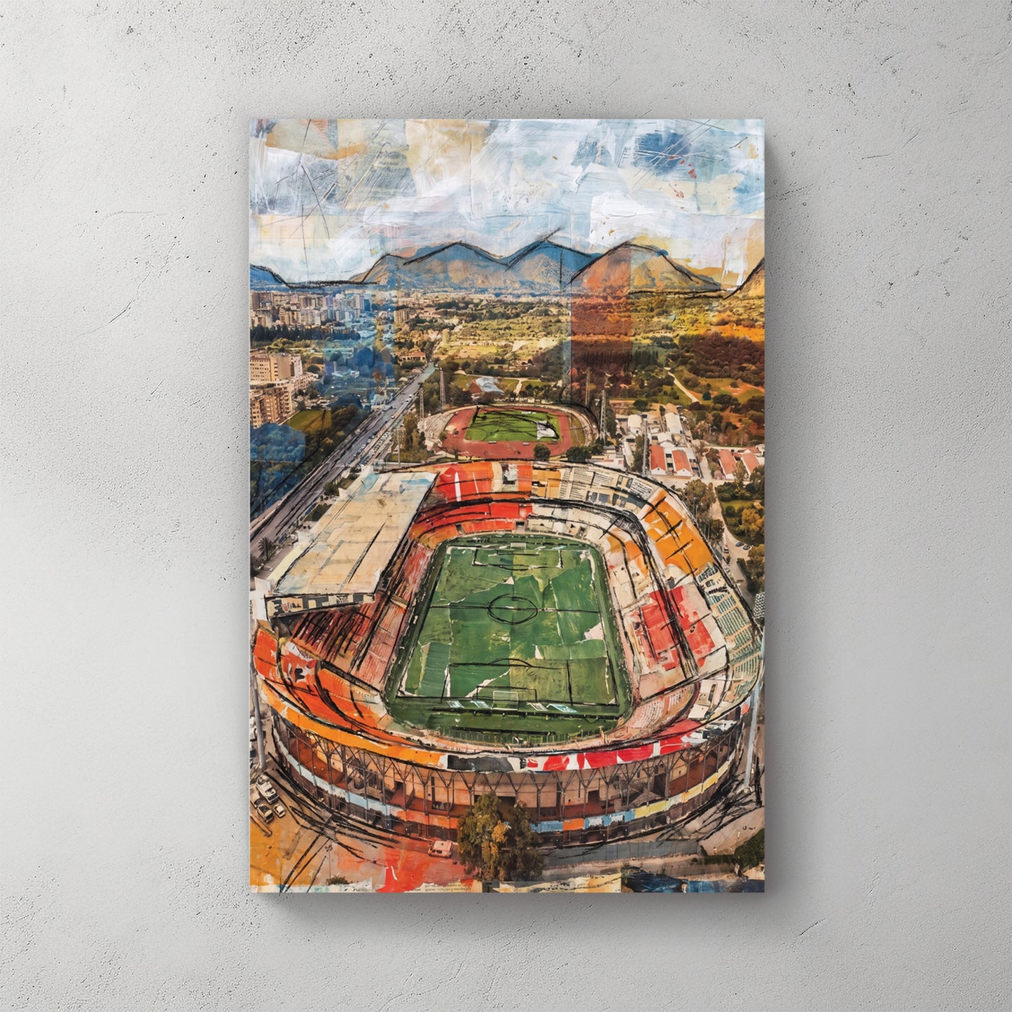 Aerial view of Palermo Stadio Renzo Barbera, green pitch, surrounded by orange and brown city, mountains in distance — canvas wall art print