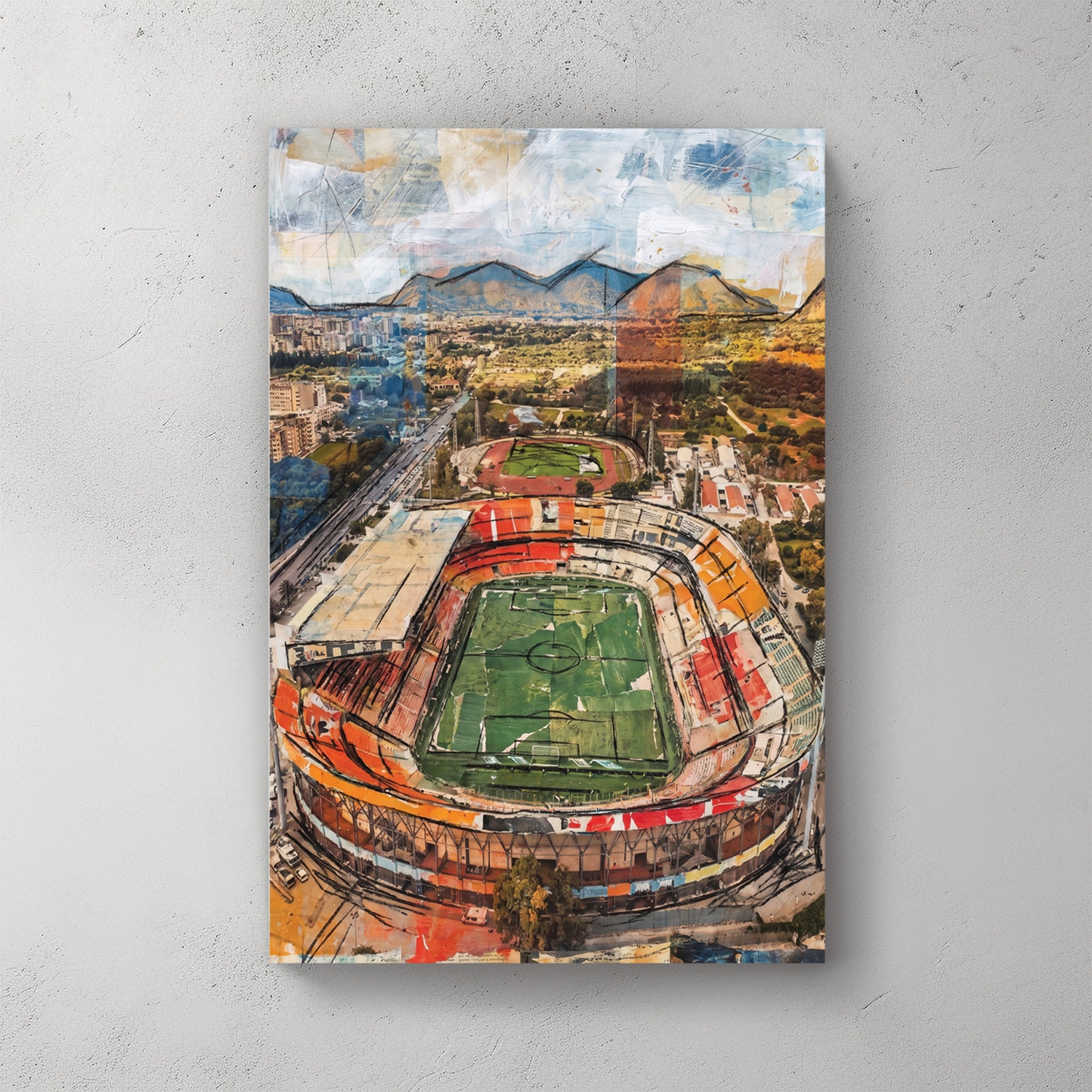 Aerial view of Palermo Stadio Renzo Barbera, green pitch, surrounded by orange and brown city, mountains in distance — canvas wall art print