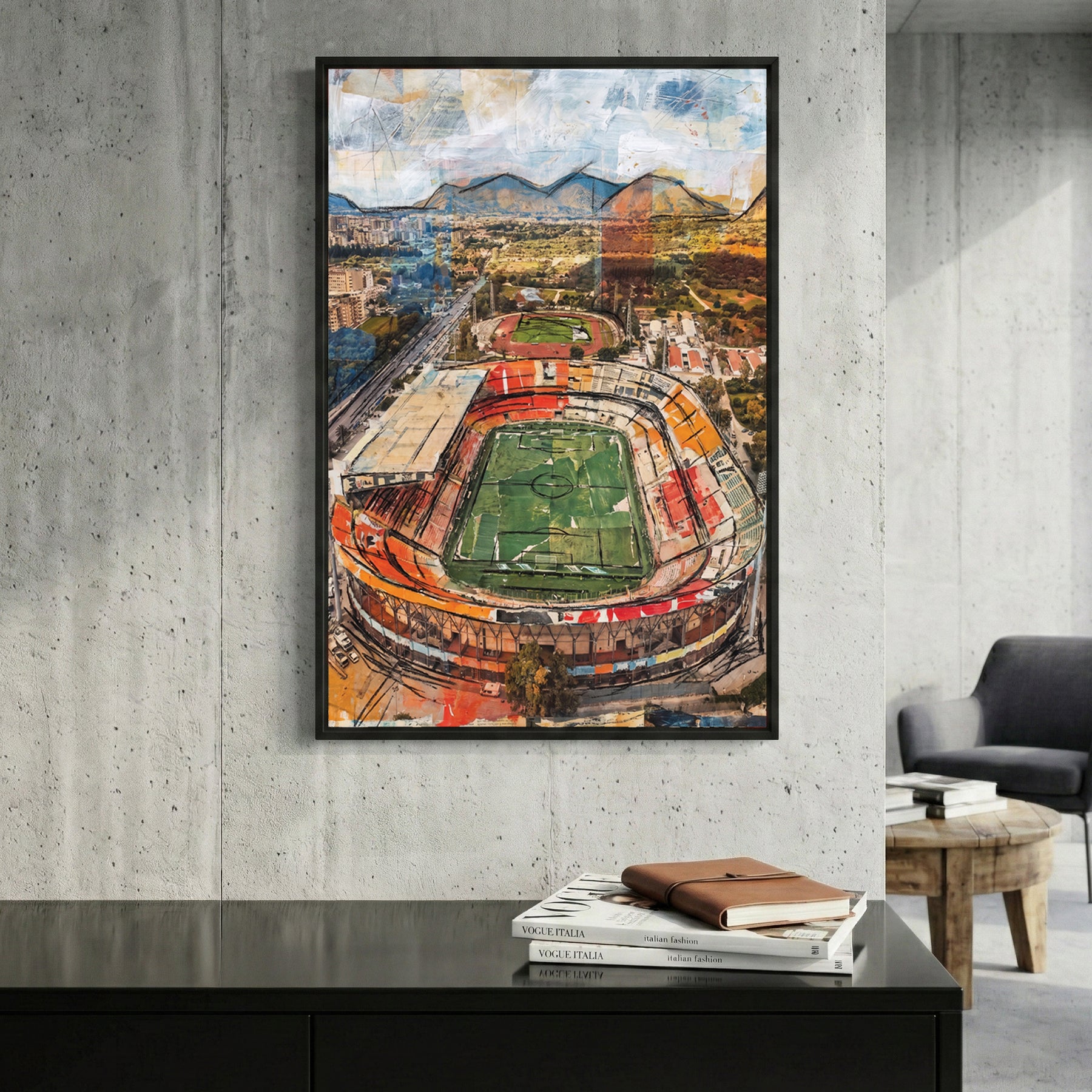 Palermo Stadio Renzo Barbera Aerial framed canvas wall art print in a gallery-style display