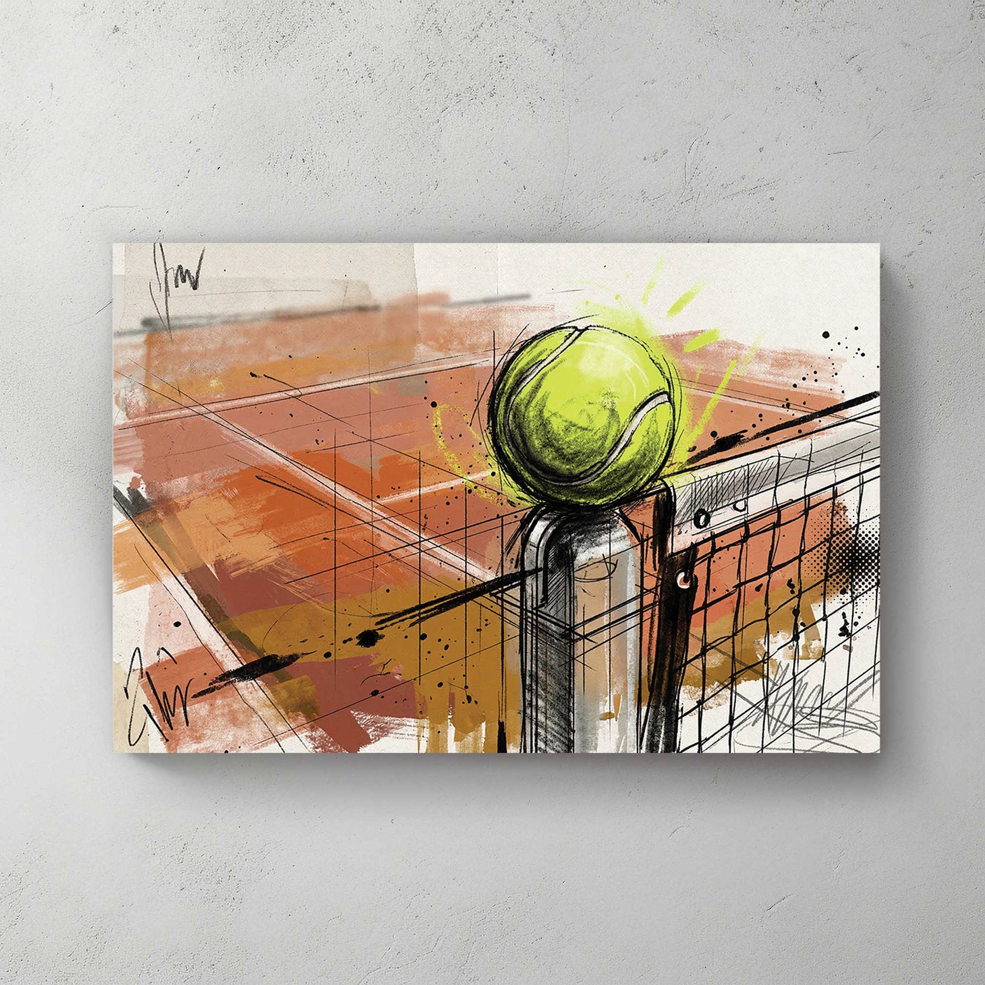 Sketchy tennis ball on top of net, red clay court visible, watercolour and ink, expressive sketch style — canvas wall art print