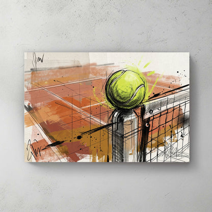Sketchy tennis ball on top of net, red clay court visible, watercolour and ink, expressive sketch style — canvas wall art print