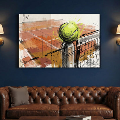 Tennis Ball Net Sketch canvas wall art print above a sofa in a contemporary living room