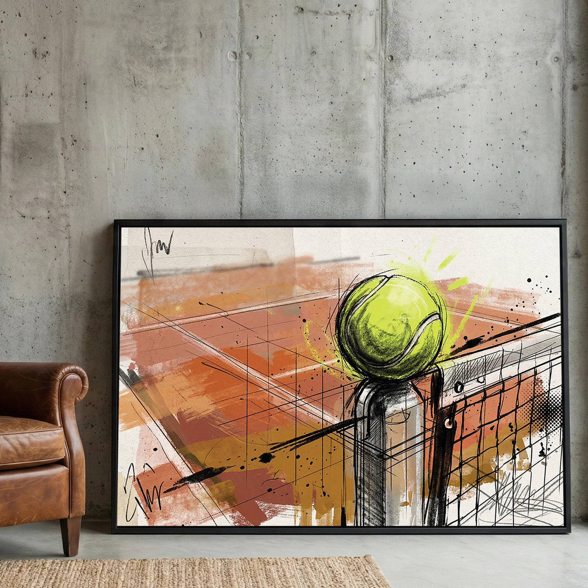 Tennis Ball Net Sketch framed canvas wall art print in a gallery-style display