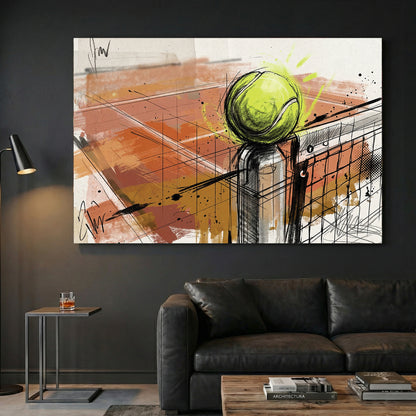 Tennis Ball Net Sketch canvas wall art print displayed in a styled living room