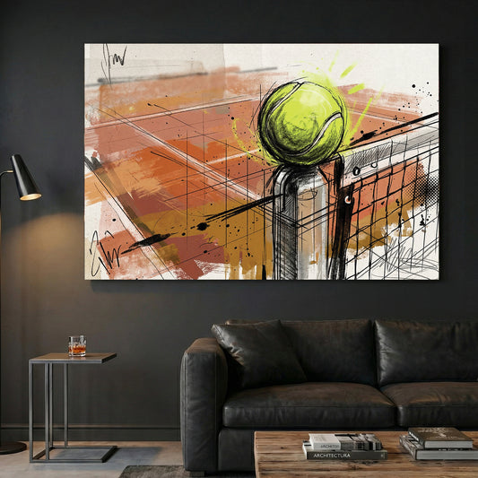 Tennis Ball Net Sketch canvas wall art print displayed in a styled living room