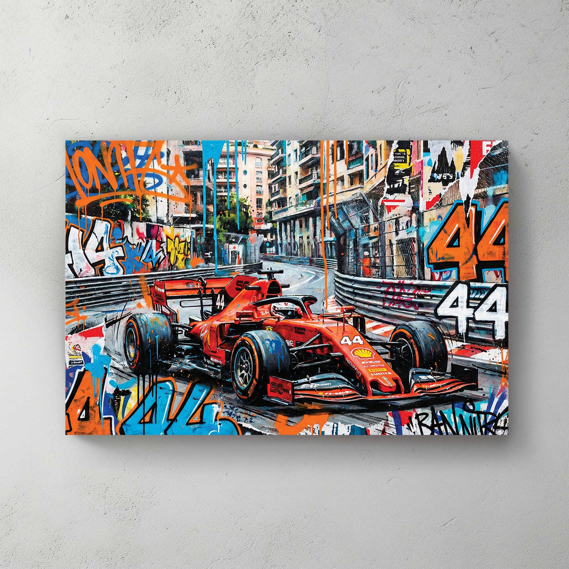 Lewis Hamilton Ferrari F1 car in Monaco, red car with 44, graffiti background with MONACO, painterly street art style — canvas wall art print