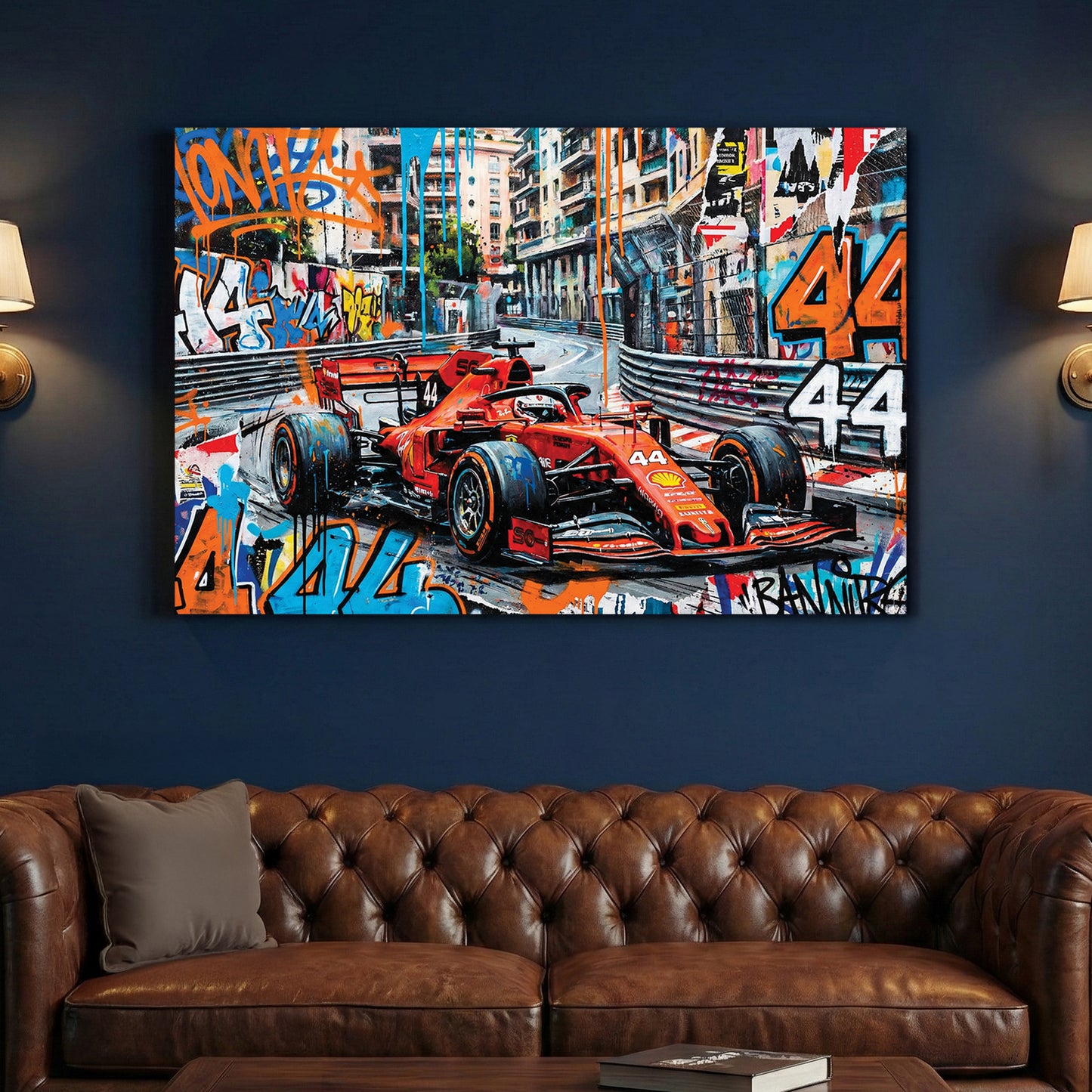 Lewis Hamilton F1 Monaco canvas wall art print above a sofa in a contemporary living room