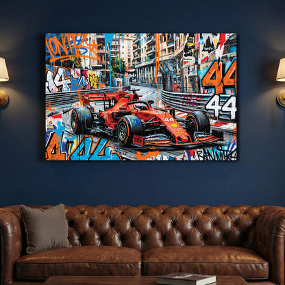 Lewis Hamilton F1 Monaco canvas wall art print above a sofa in a contemporary living room