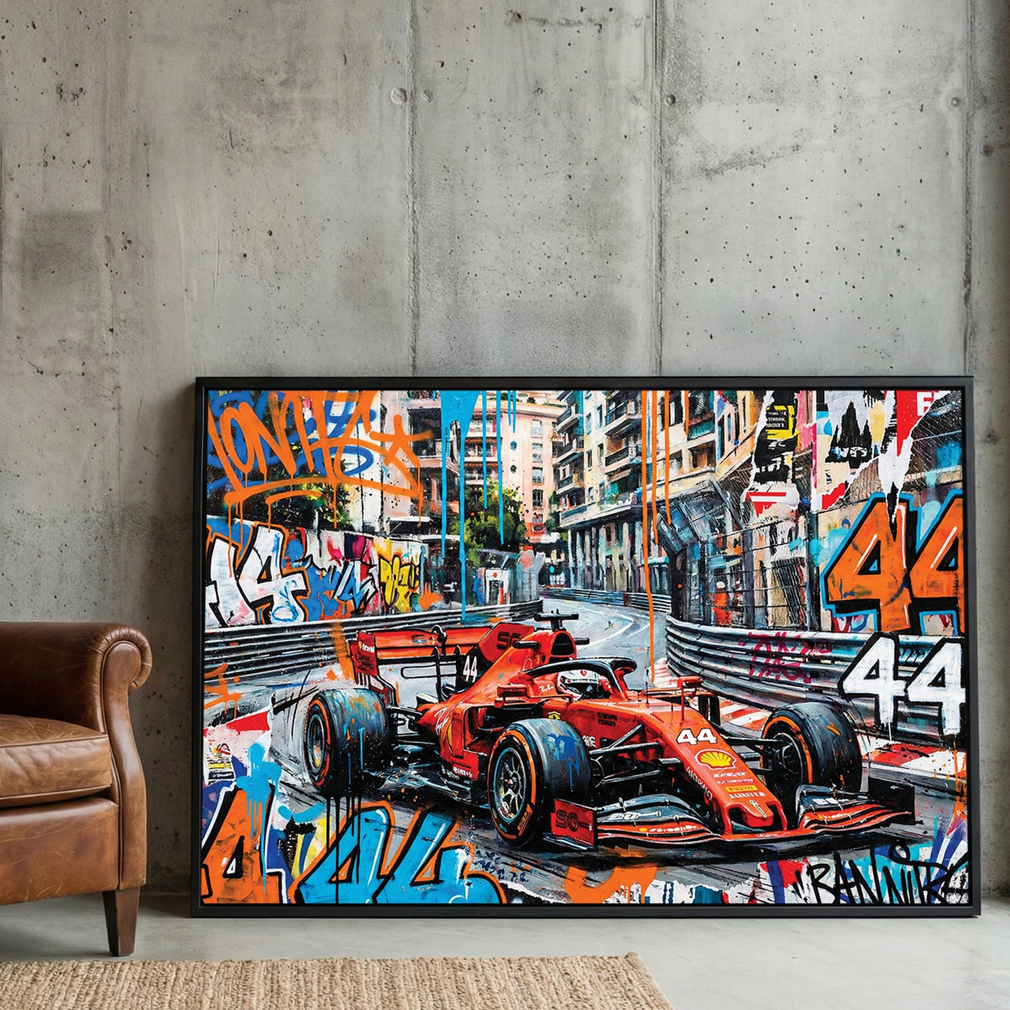 Lewis Hamilton F1 Monaco framed canvas wall art print in a gallery-style display