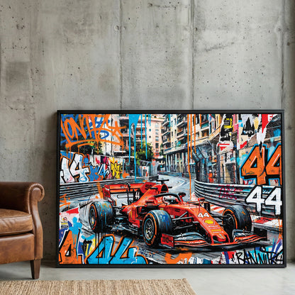 Lewis Hamilton F1 Monaco framed canvas wall art print in a gallery-style display