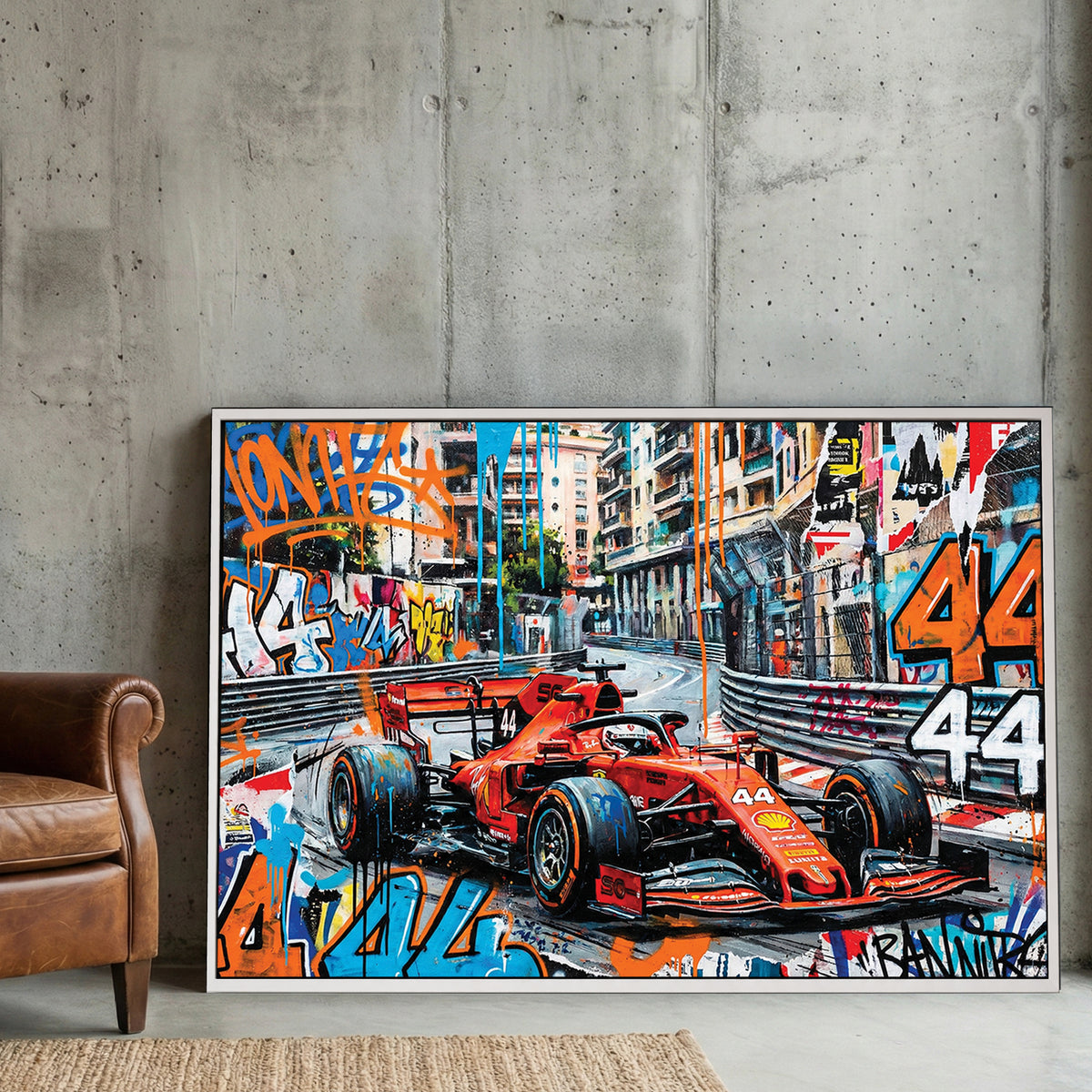 Lewis Hamilton F1 Monaco canvas wall art print displayed in a styled living room