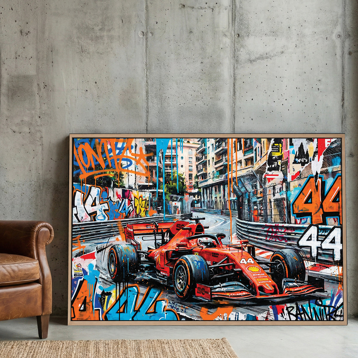 Lewis Hamilton F1 Monaco canvas wall art print displayed in a styled living room