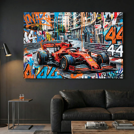 Lewis Hamilton F1 Monaco canvas wall art print displayed in a styled living room