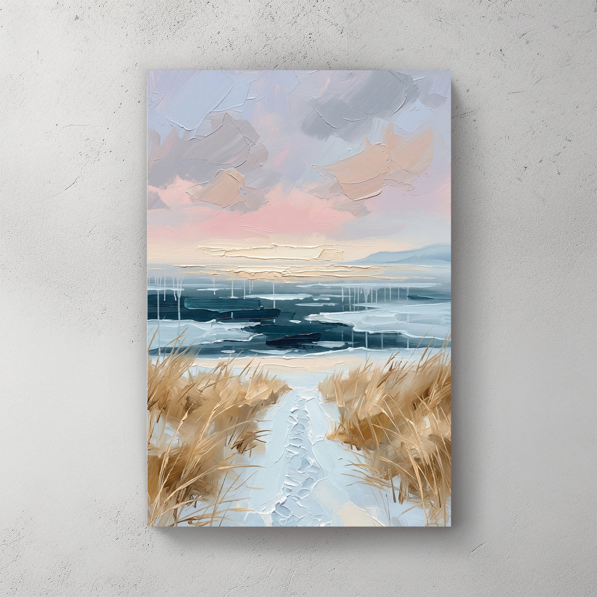 Coastal dune path, pastel pink and blue sky, sea grass, sandy path leading to water, oil painting style — canvas wall art print