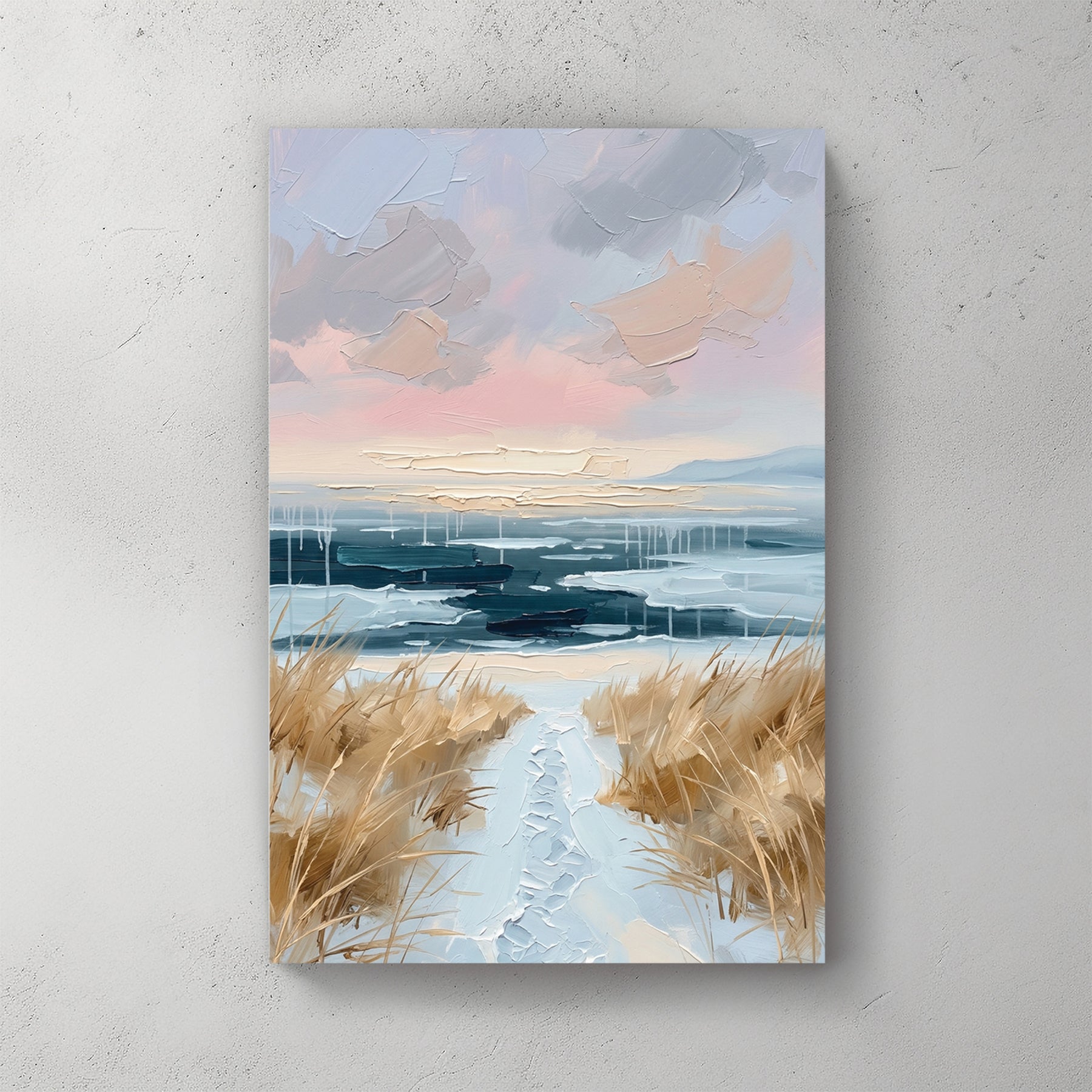 Coastal dune path, pastel pink and blue sky, sea grass, sandy path leading to water, oil painting style — canvas wall art print