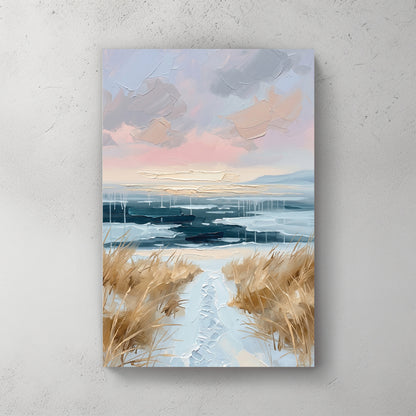 Coastal dune path, pastel pink and blue sky, sea grass, sandy path leading to water, oil painting style — canvas wall art print