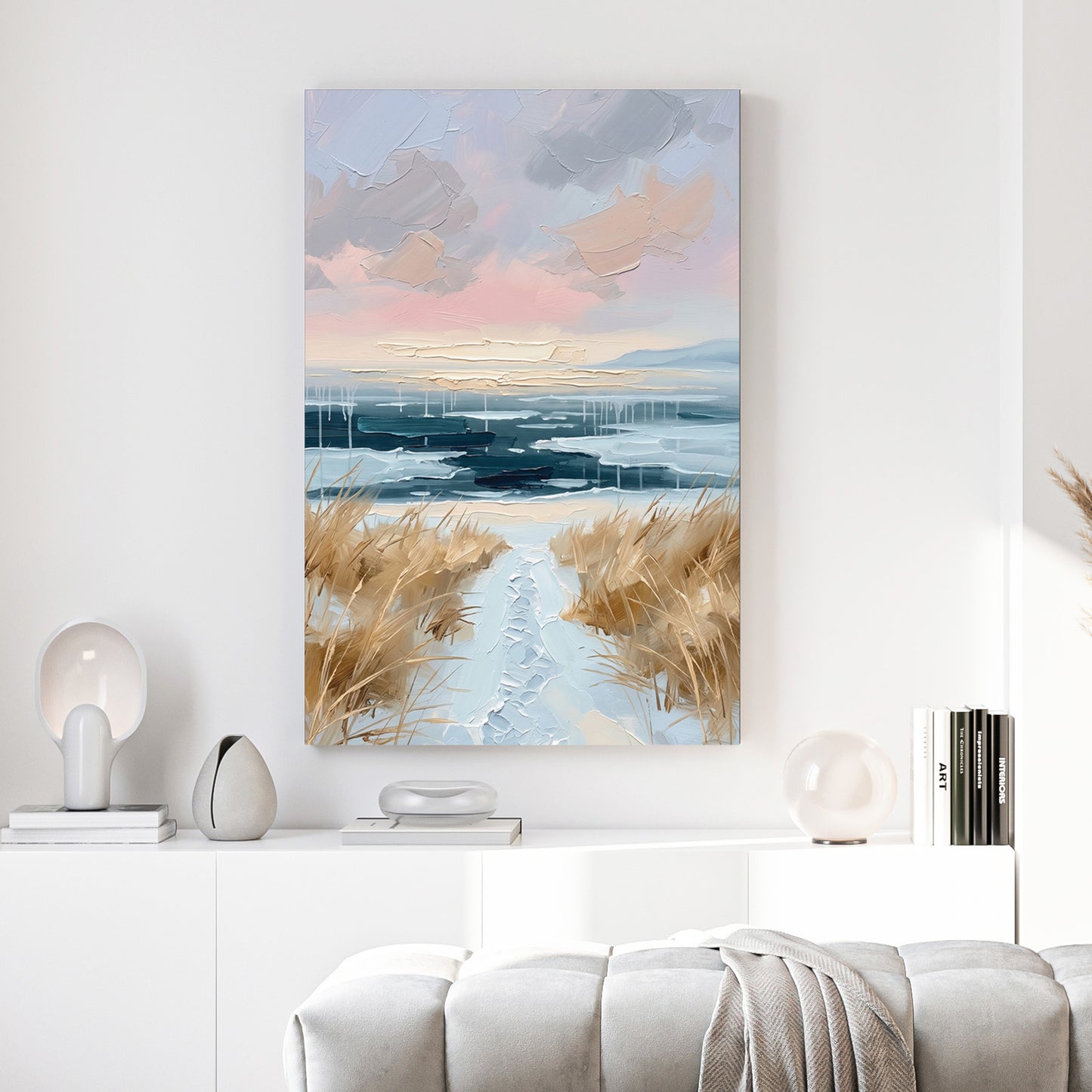 Coastal Dune Path Pastel Painting canvas wall art print above a sofa in a contemporary living room