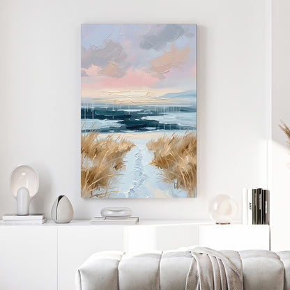 Coastal Dune Path Pastel Painting canvas wall art print above a sofa in a contemporary living room