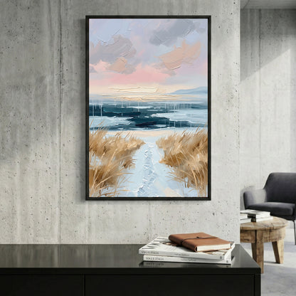 Coastal Dune Path Pastel Painting framed canvas wall art print in a gallery-style display