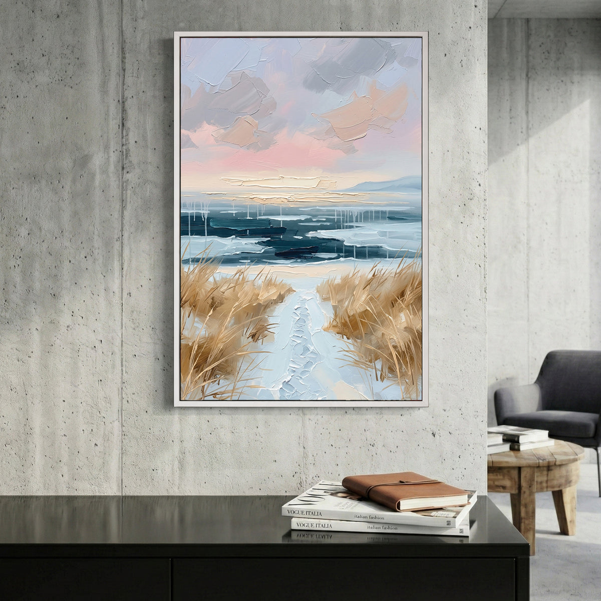 Coastal Dune Path Pastel Painting canvas wall art print displayed in a styled living room