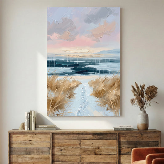 Coastal Dune Path Pastel Painting canvas wall art print displayed in a styled living room