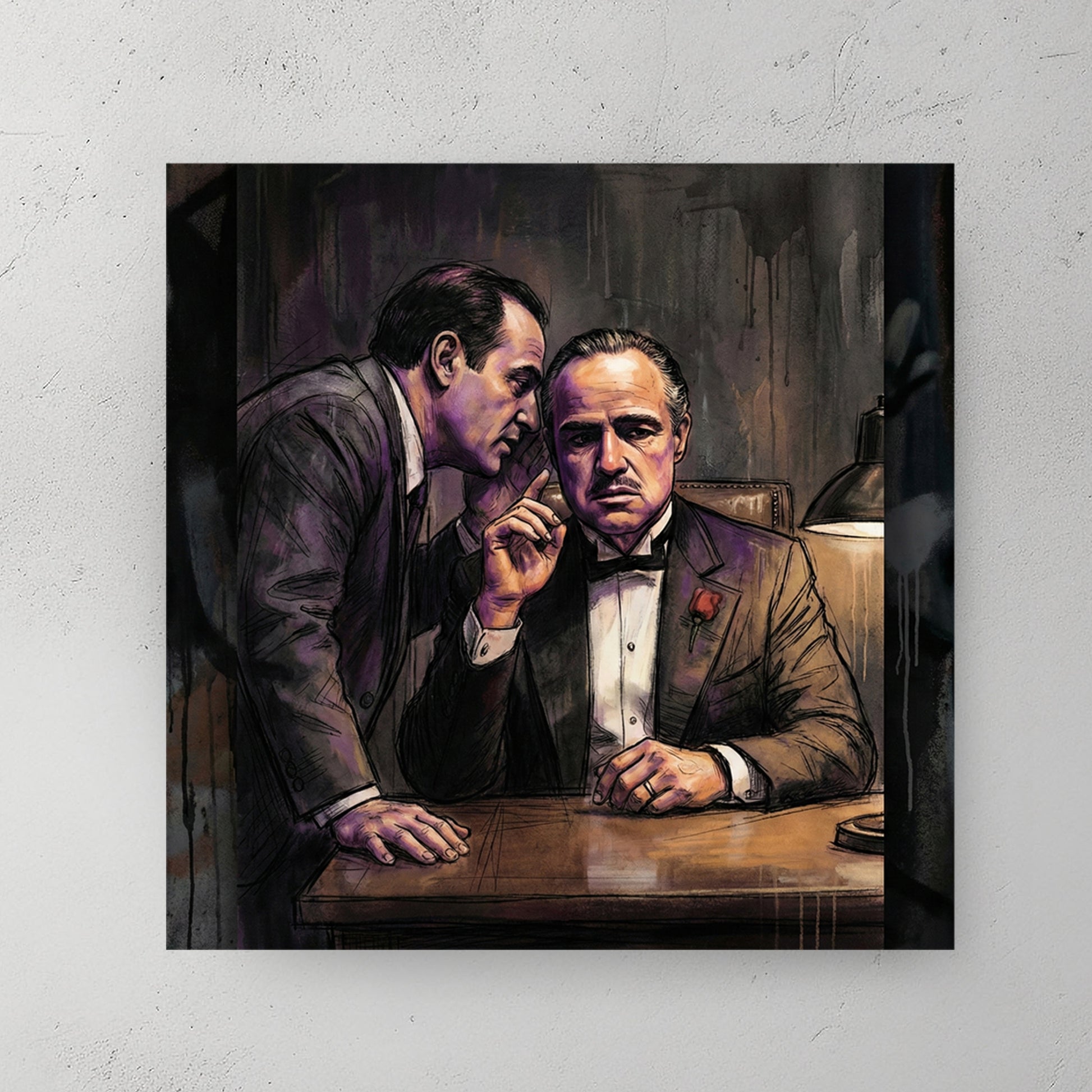 Vito Corleone seated at desk, man whispering in his ear, dark moody painting, red rose accent — canvas wall art print