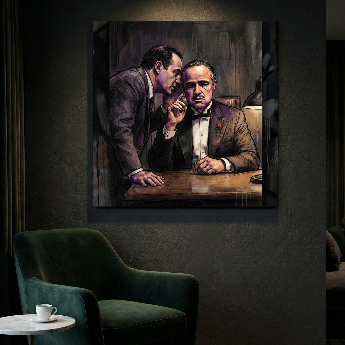 The Godfather Vito Corleone canvas wall art print styled in a modern interior