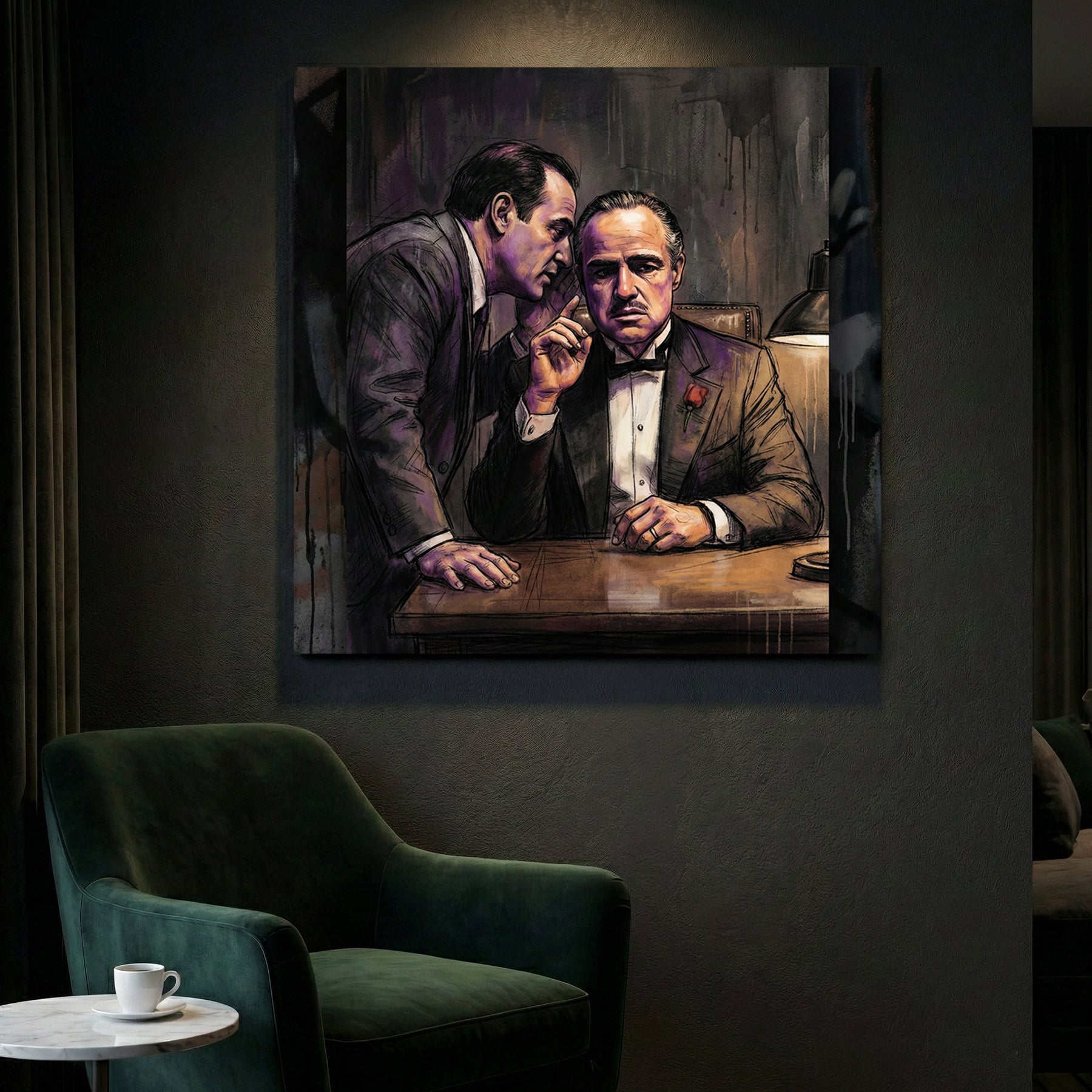 The Godfather Vito Corleone canvas wall art print styled in a modern interior