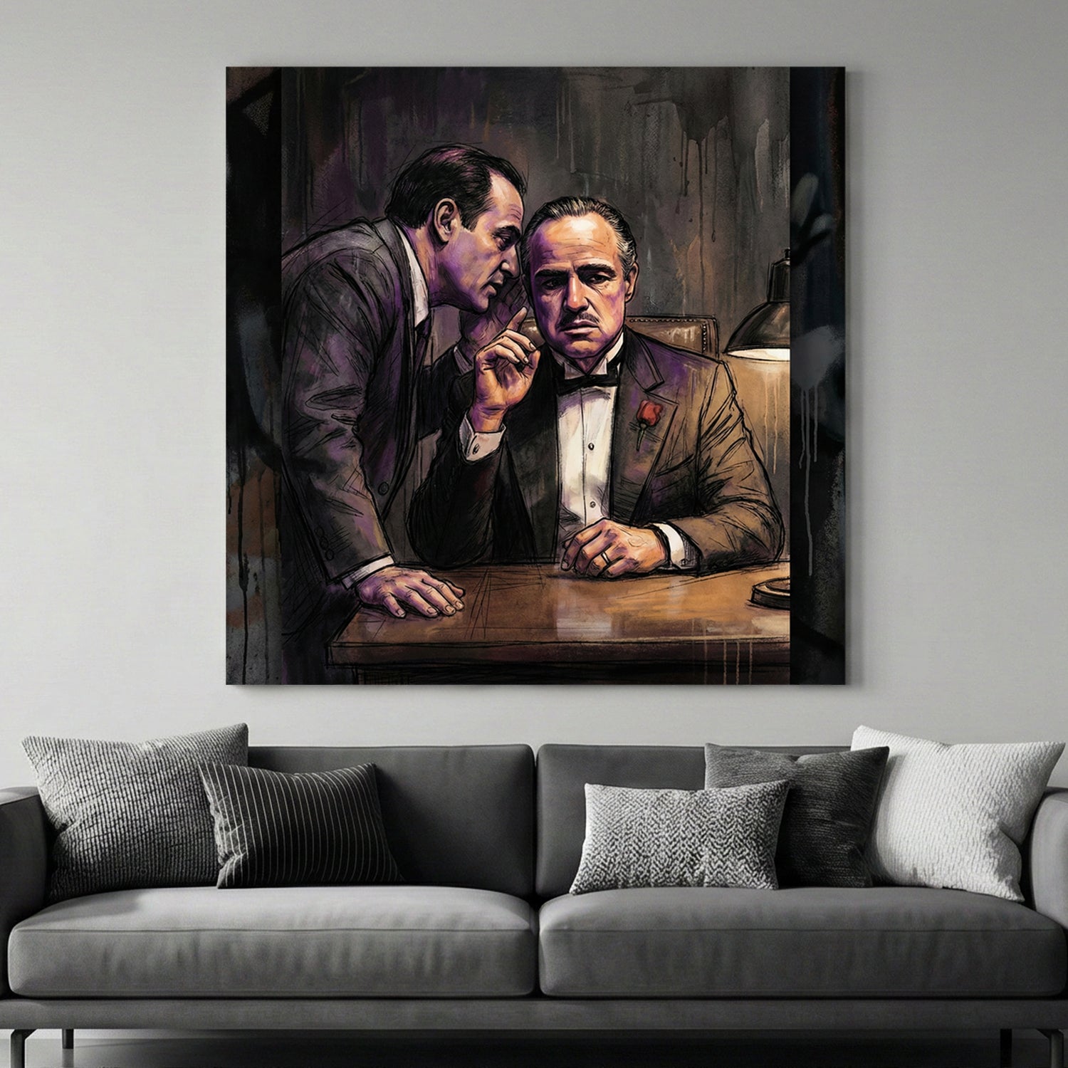 The Godfather Vito Corleone canvas wall art print above a sofa in a contemporary living room
