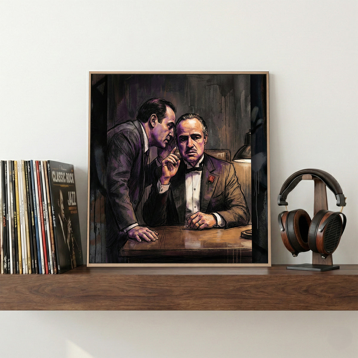 The Godfather Vito Corleone canvas wall art print displayed in a styled living room