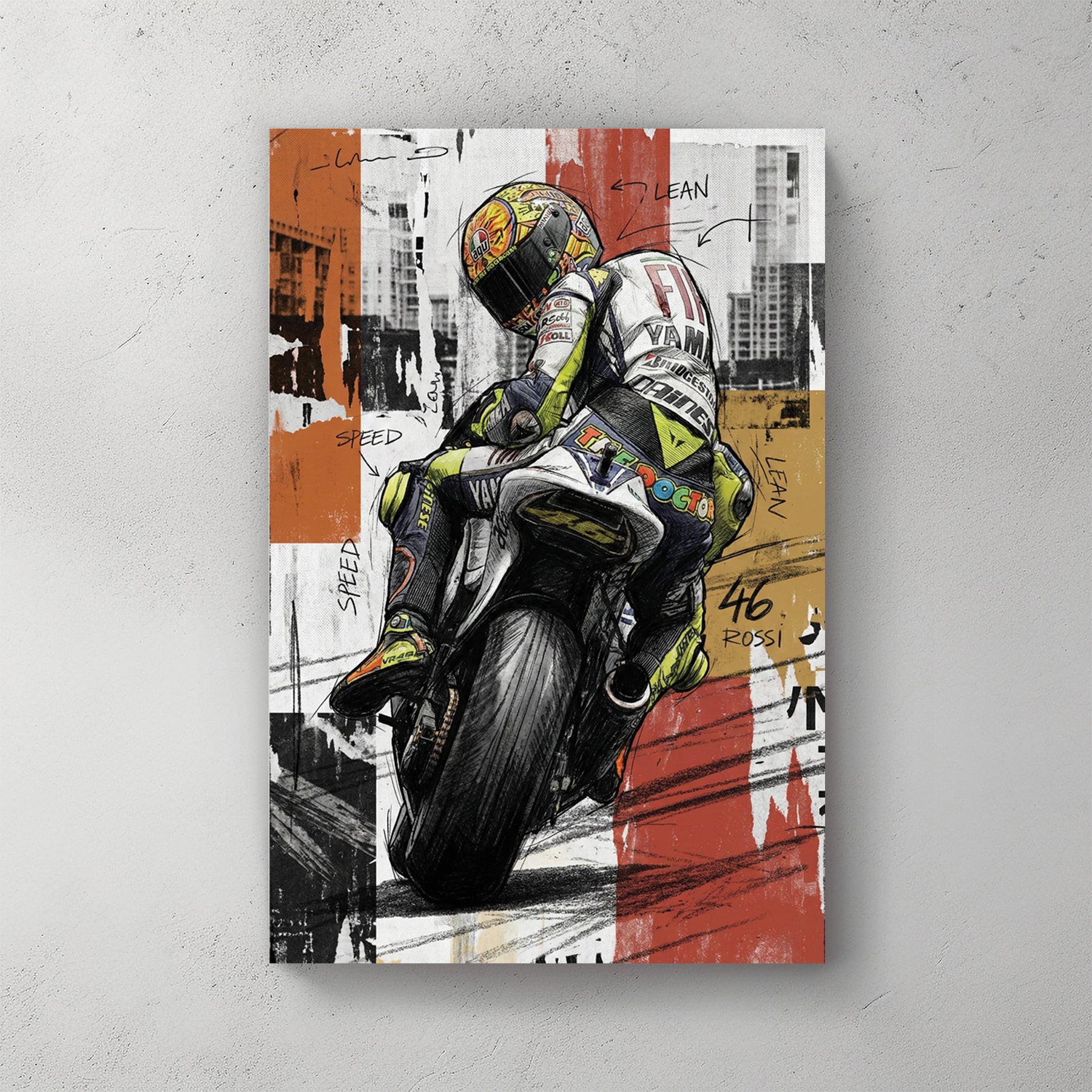 Valentino Rossi on Yamaha M1, yellow helmet with sun and moon, knee-down lean, sketchy mixed-media collage with SPEED LEAN ROSSI 46 — canvas wall art print