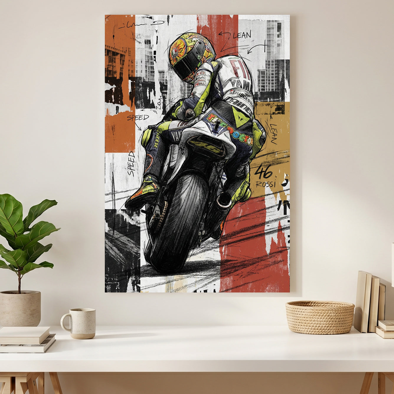 Valentino Rossi MotoGP 46 canvas wall art print styled in a modern interior