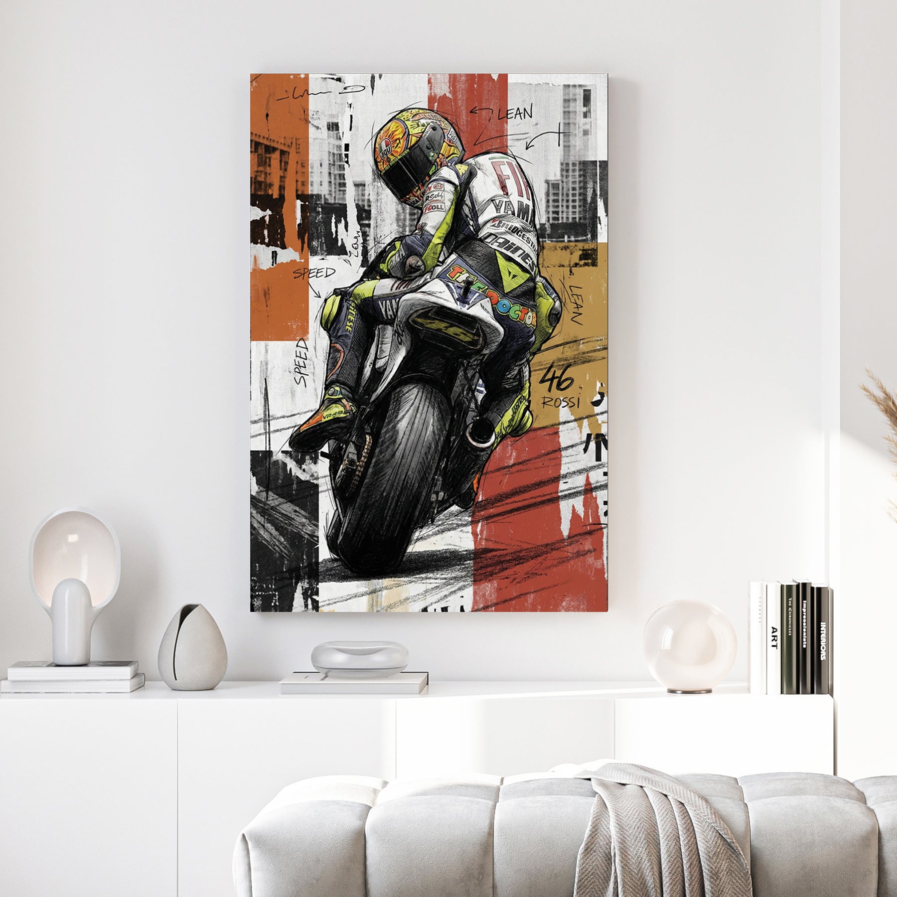 Valentino Rossi MotoGP 46 canvas wall art print above a sofa in a contemporary living room