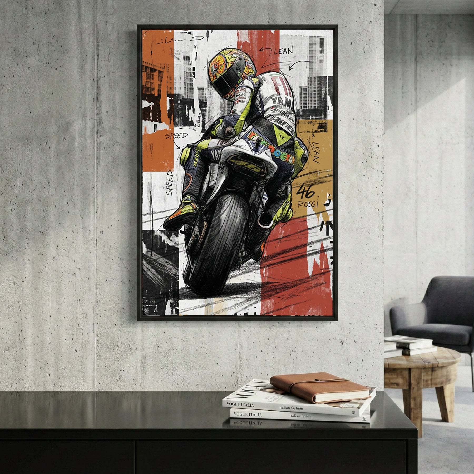 Valentino Rossi MotoGP 46 framed canvas wall art print in a gallery-style display