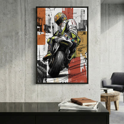 Valentino Rossi MotoGP 46 framed canvas wall art print in a gallery-style display