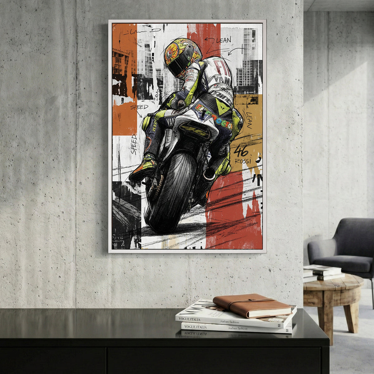 Valentino Rossi MotoGP 46 canvas wall art print displayed in a styled living room