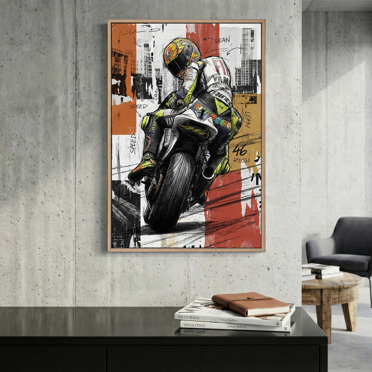 Valentino Rossi MotoGP 46 canvas wall art print displayed in a styled living room
